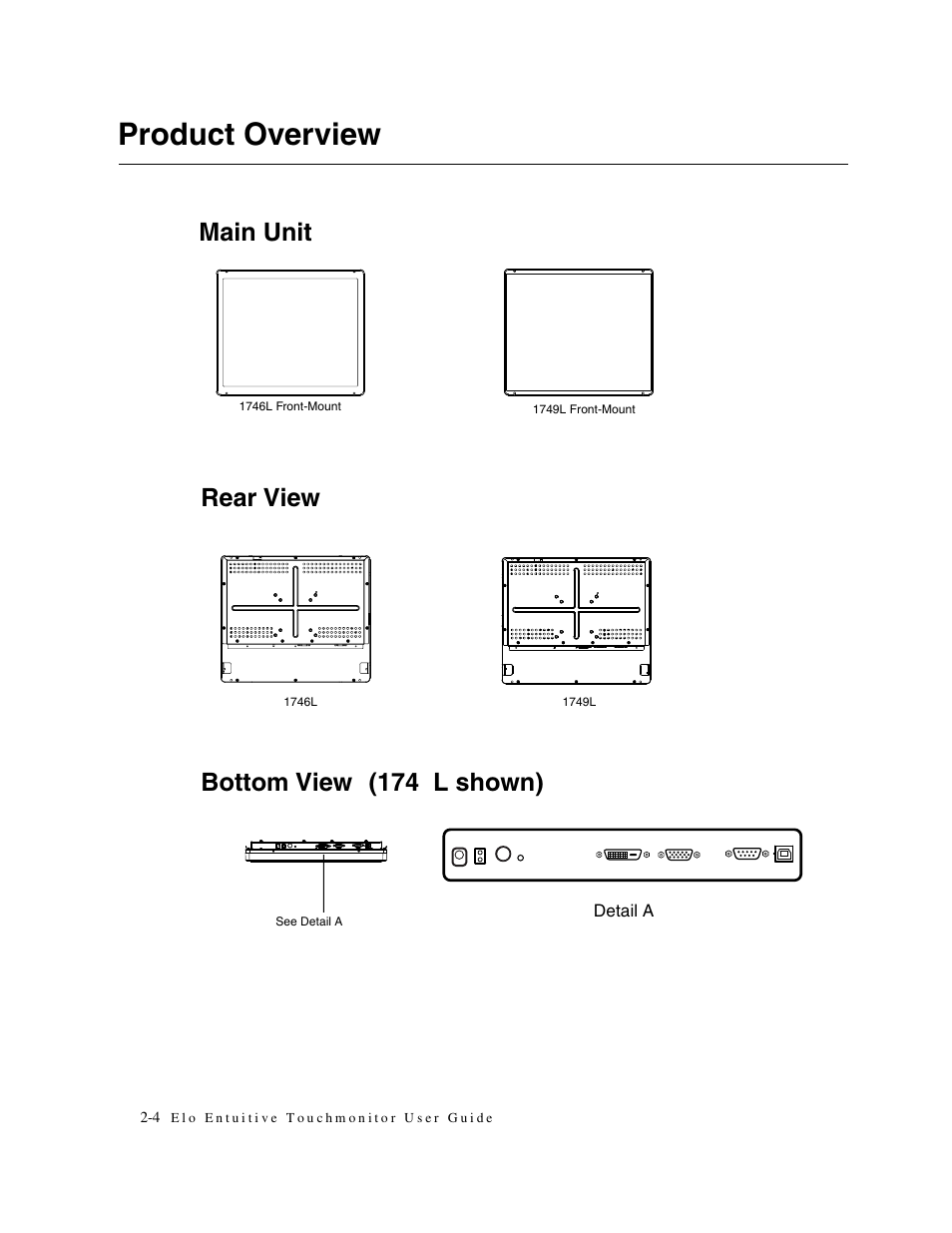Product overview, Main unit, Rear view | Bottom view (174 9 l shown) | Elo TouchSystems Elo Entuitive 1749L Series User Manual | Page 8 / 45