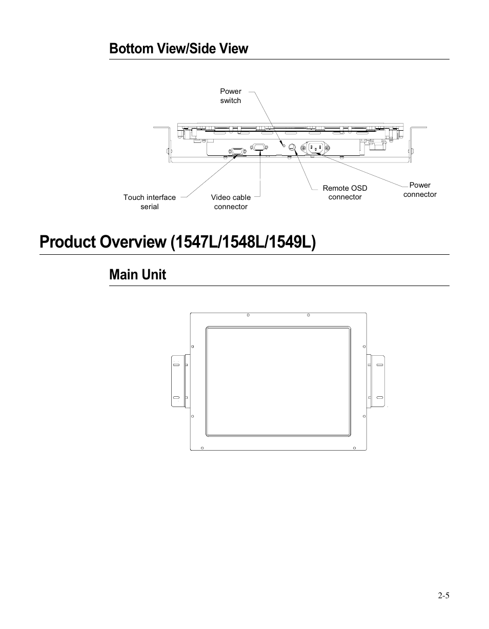 Bottom view/side view, Main unit | Elo TouchSystems LCD User Manual | Page 10 / 66