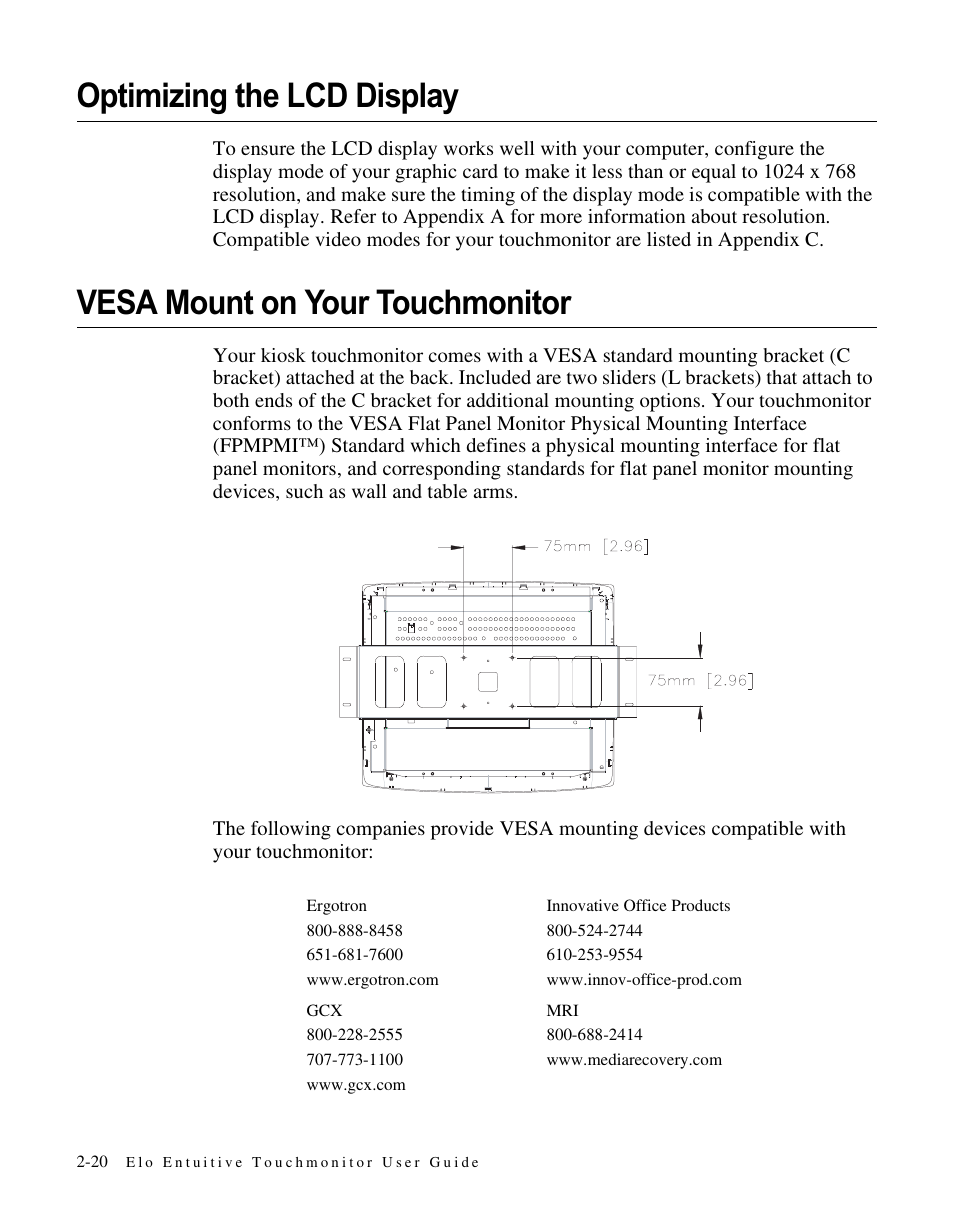 Optimizing the lcd display, Vesa mount on your touchmonitor | Elo TouchSystems LCD User Manual | Page 25 / 66