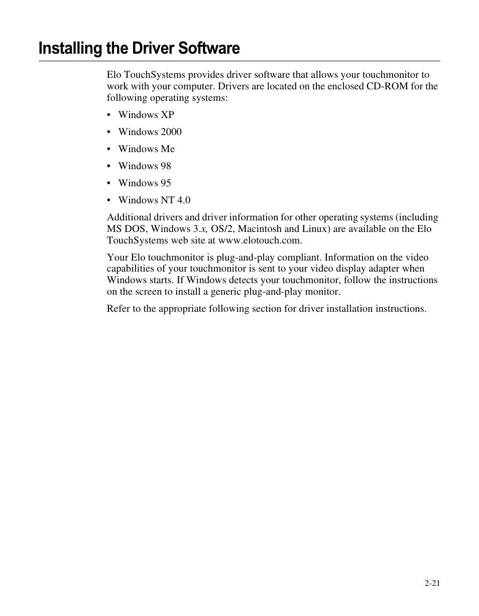 Installing the driver software | Elo TouchSystems LCD User Manual | Page 26 / 66
