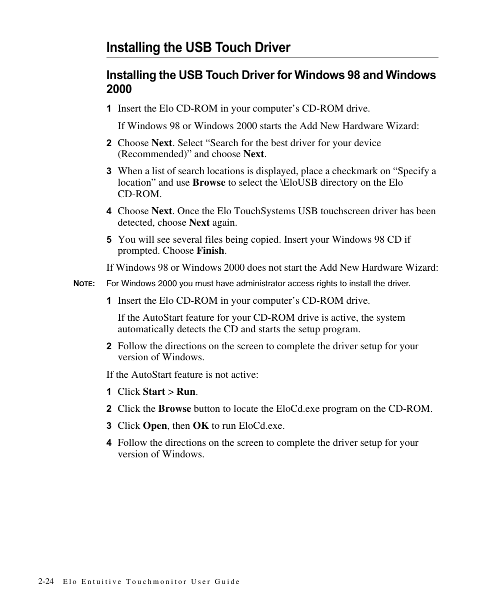 Installing the usb touch driver | Elo TouchSystems LCD User Manual | Page 29 / 66