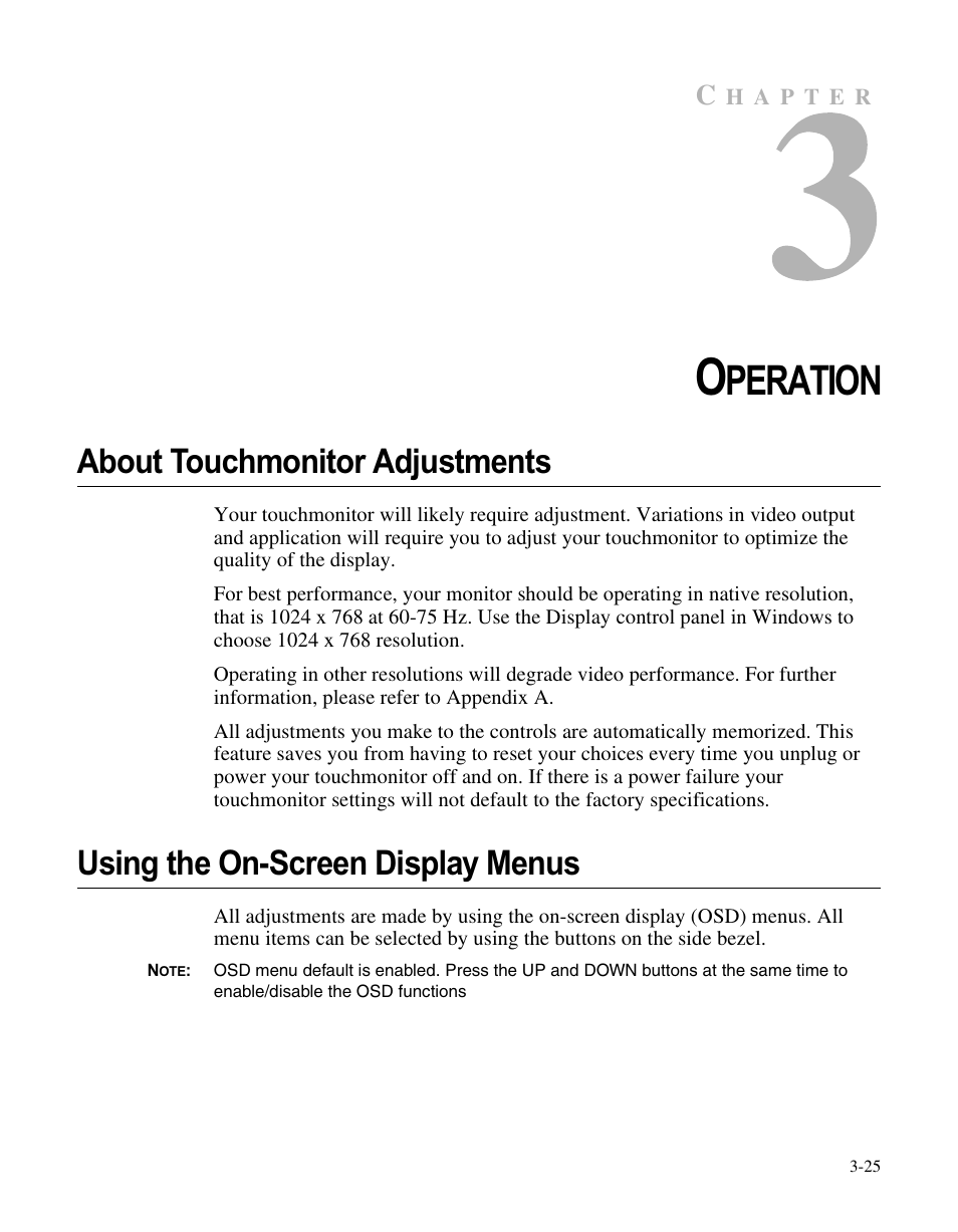 Chapter 3, Peration, About touchmonitor adjustments | Using the on-screen display menus | Elo TouchSystems LCD User Manual | Page 30 / 66