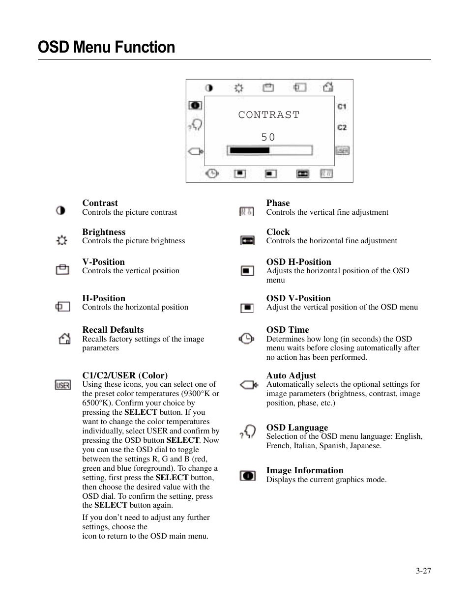 Osd menu function, Contrast 50 | Elo TouchSystems LCD User Manual | Page 32 / 66