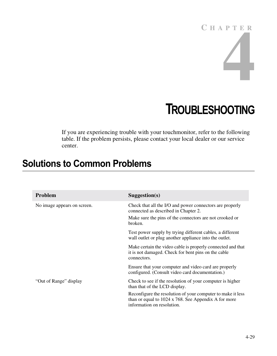 Chapter 4, Roubleshooting, Solutions to common problems | Elo TouchSystems LCD User Manual | Page 34 / 66