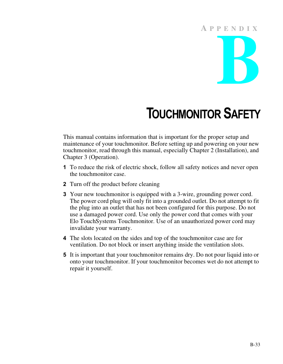 Appendix b, Ouchmonitor, Afety | Elo TouchSystems LCD User Manual | Page 38 / 66