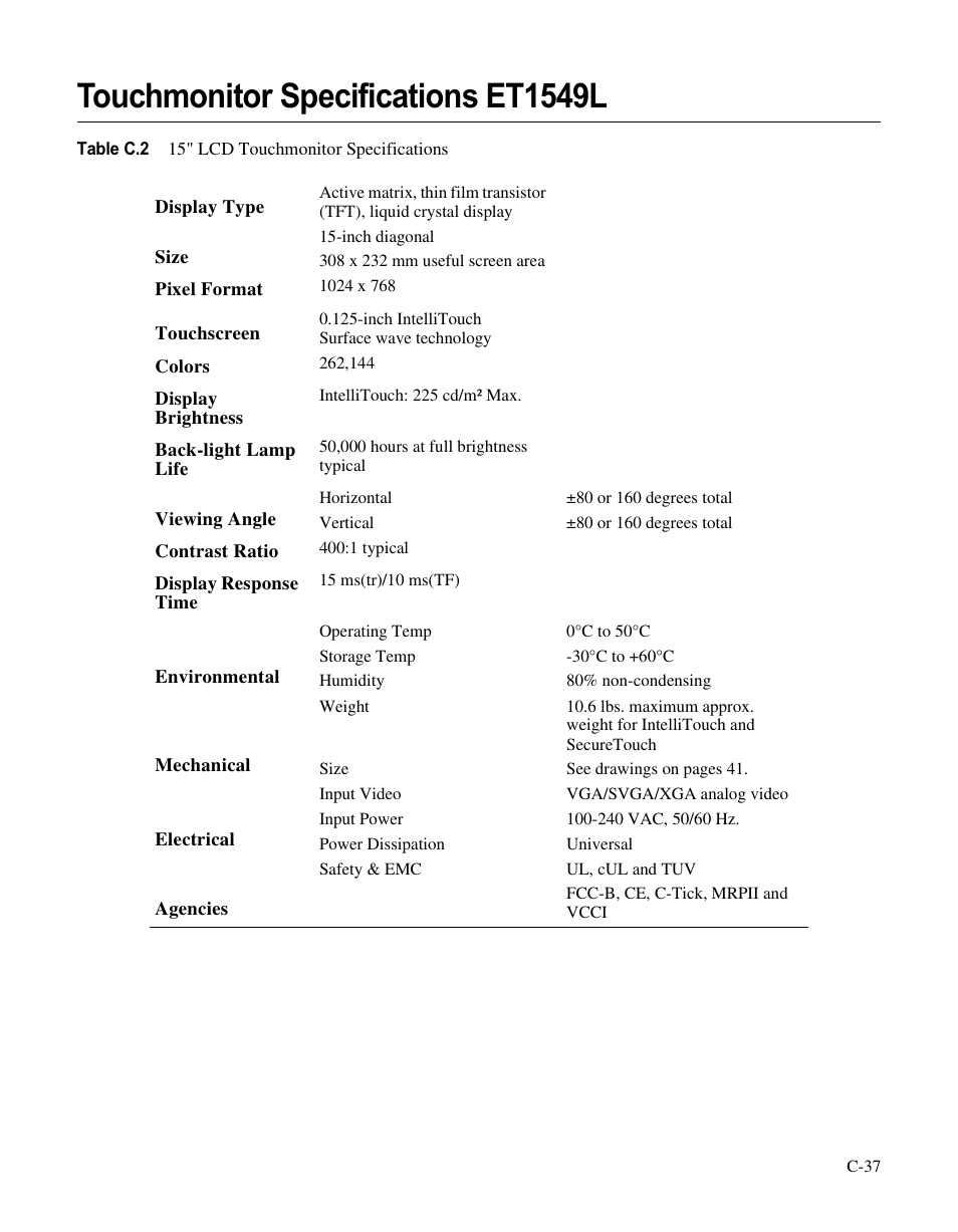 Touchmonitor specifications et1549l | Elo TouchSystems LCD User Manual | Page 42 / 66