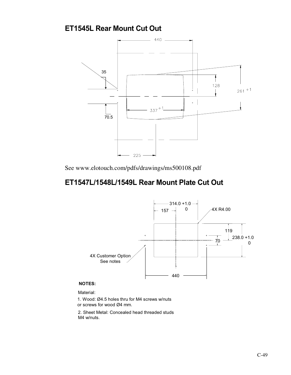 Et1545l rear mount cut out | Elo TouchSystems LCD User Manual | Page 54 / 66