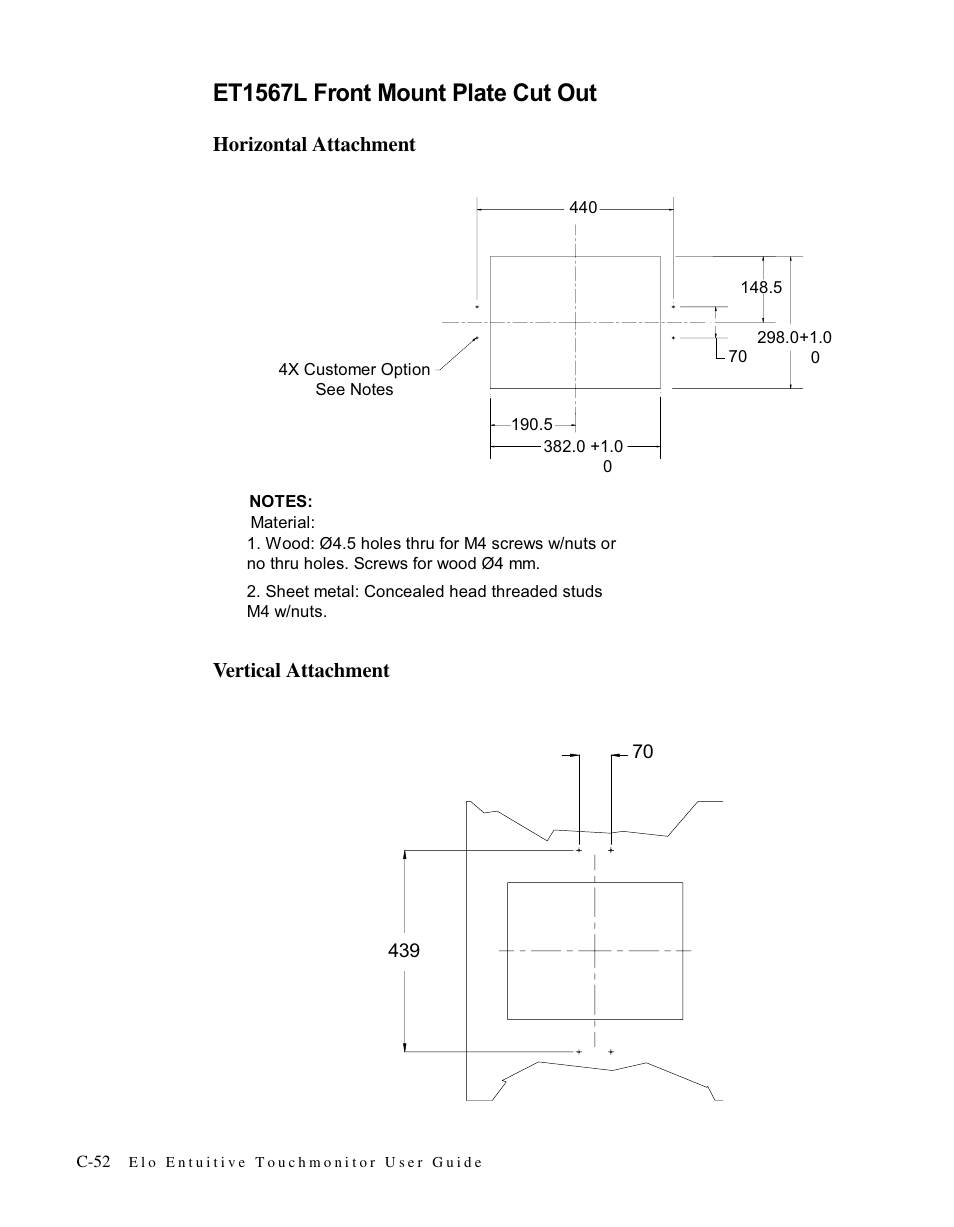 Et1567l front mount plate cut out | Elo TouchSystems LCD User Manual | Page 57 / 66
