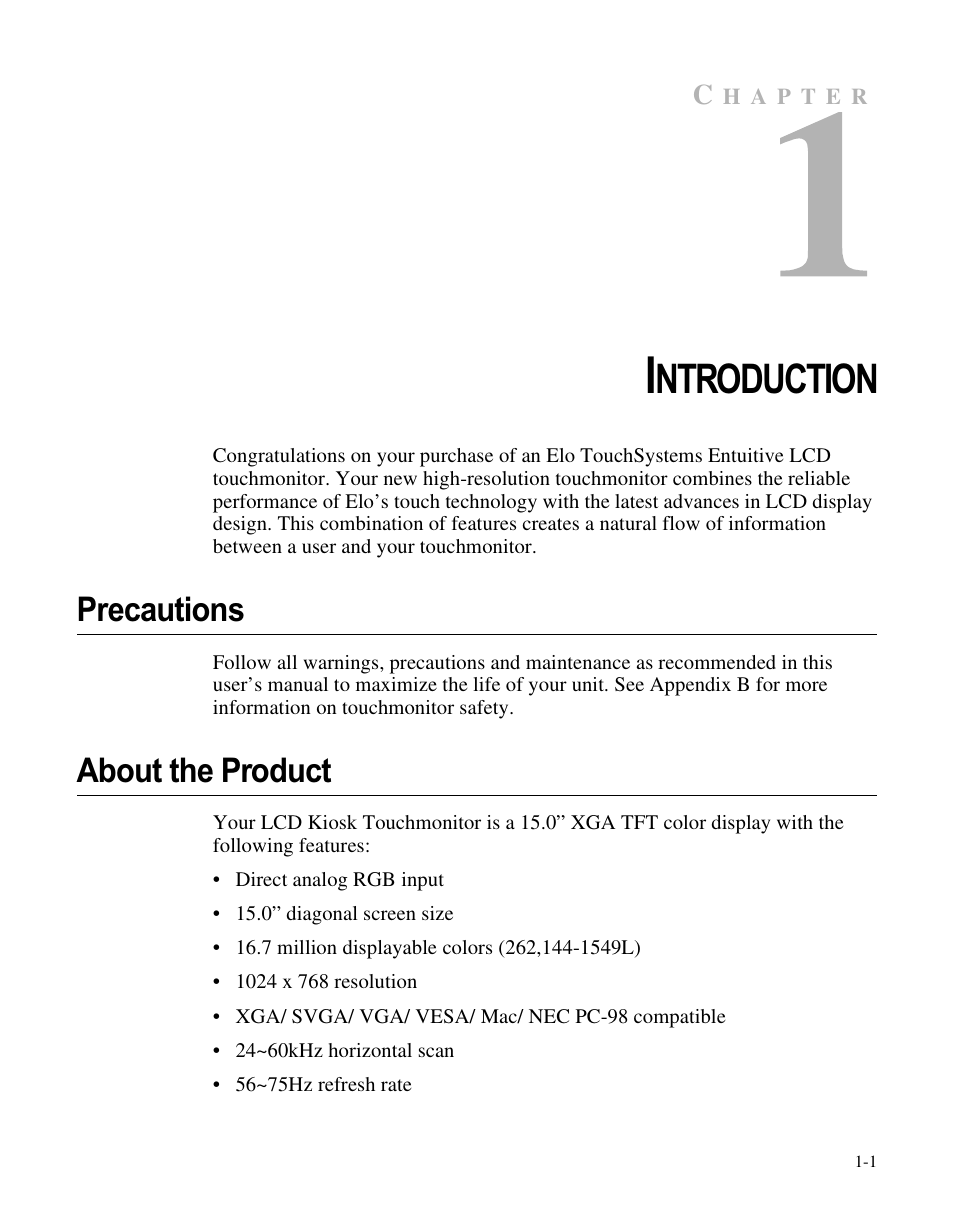Chapter 1, Ntroduction, Precautions | About the product | Elo TouchSystems LCD User Manual | Page 6 / 66