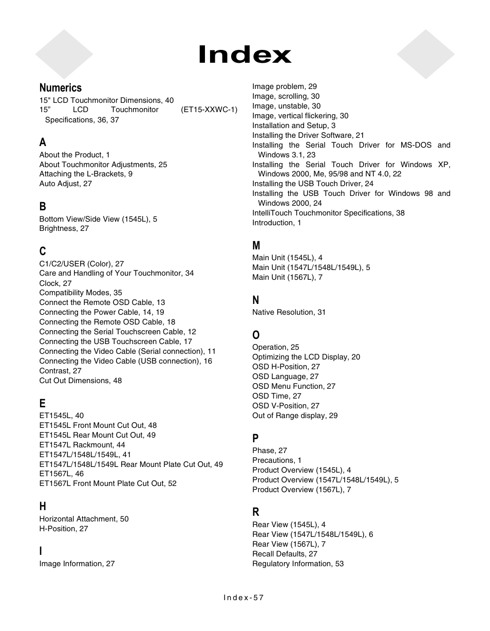 Index, Numerics | Elo TouchSystems LCD User Manual | Page 64 / 66