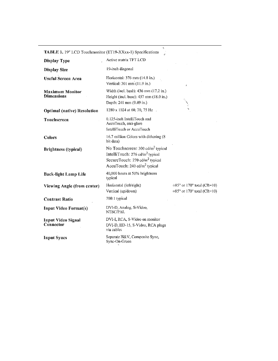 Touchmonitor specifications | Elo TouchSystems 192XL-XXWA-1 Series User Manual | Page 41 / 50