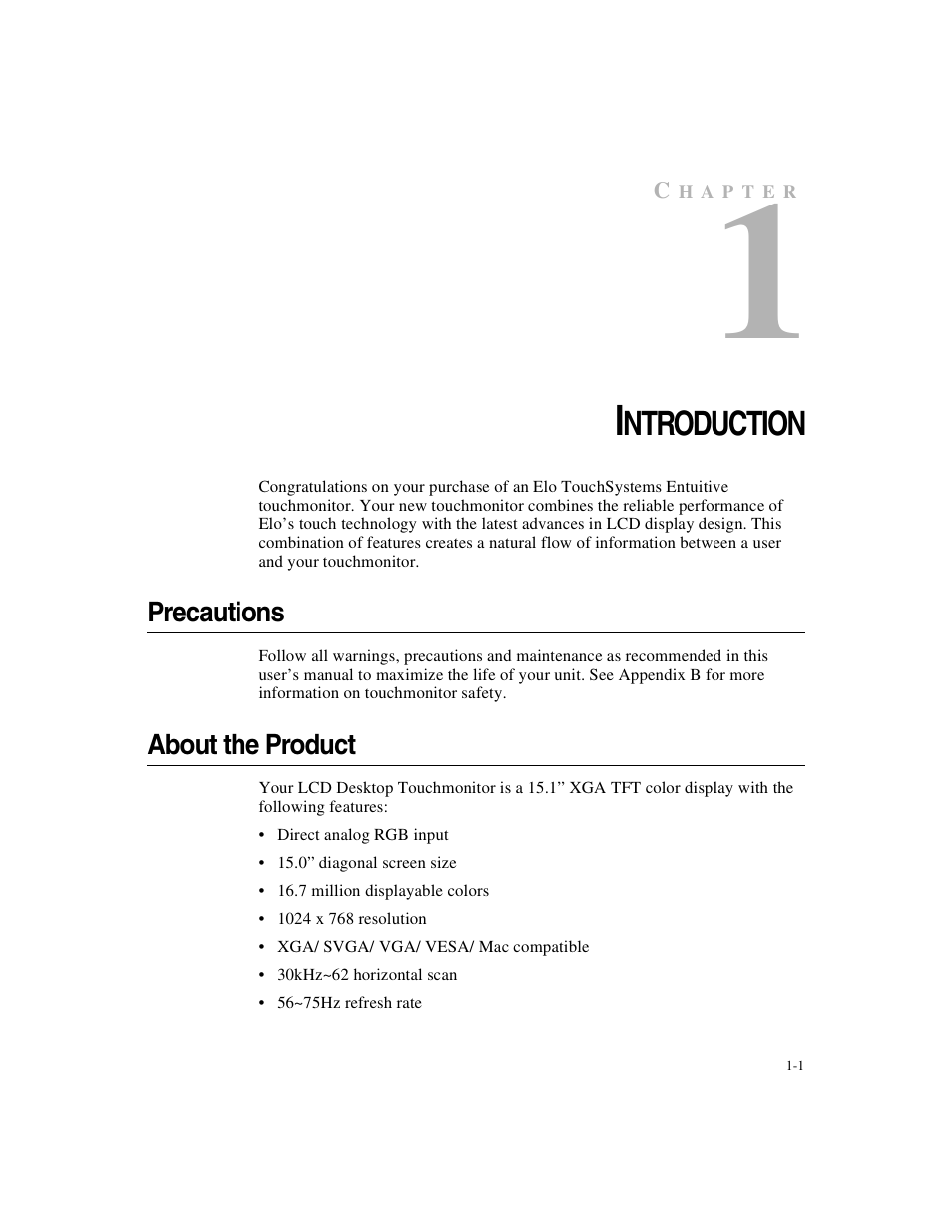 Chapter 1, Introduction, Precautions about the product | Ntroduction | Elo TouchSystems 1525/27L User Manual | Page 6 / 56