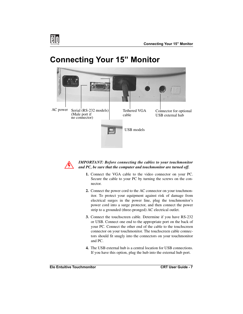 Connecting your 15” monitor | Elo TouchSystems CRT Touchmonitors User Manual | Page 12 / 50