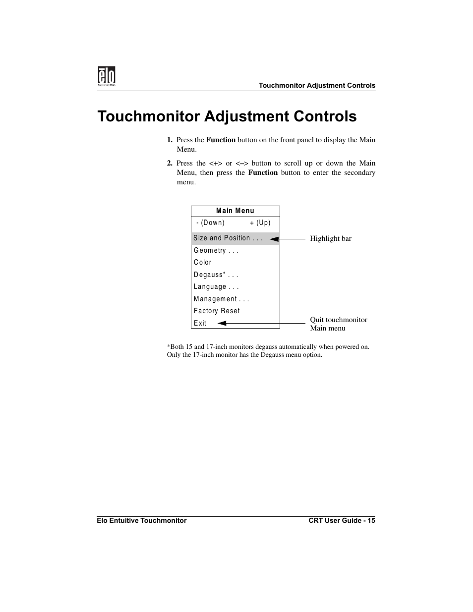 Touchmonitor adjustment controls | Elo TouchSystems CRT Touchmonitors User Manual | Page 20 / 50