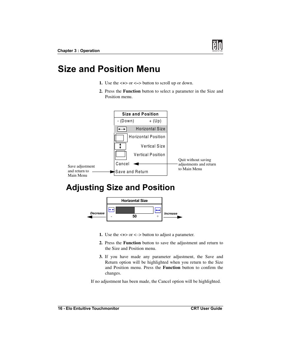 Size and position menu, Adjusting size and position | Elo TouchSystems CRT Touchmonitors User Manual | Page 21 / 50