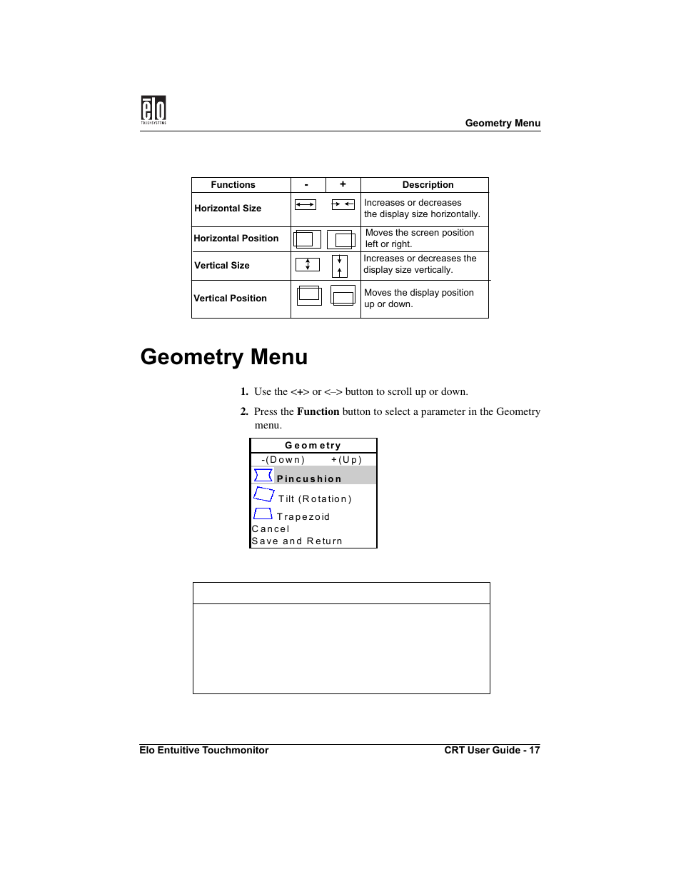 Geometry menu | Elo TouchSystems CRT Touchmonitors User Manual | Page 22 / 50
