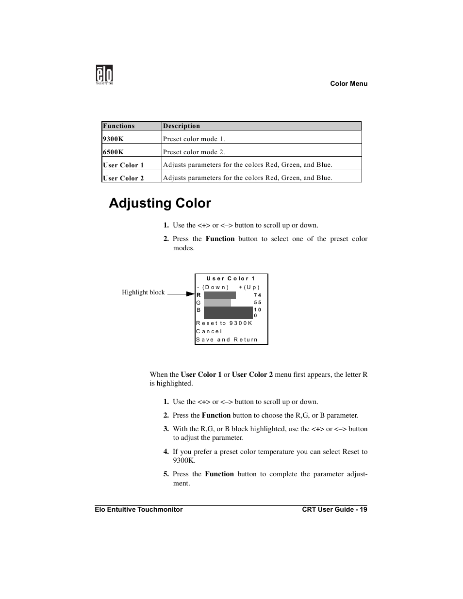 Adjusting color | Elo TouchSystems CRT Touchmonitors User Manual | Page 24 / 50