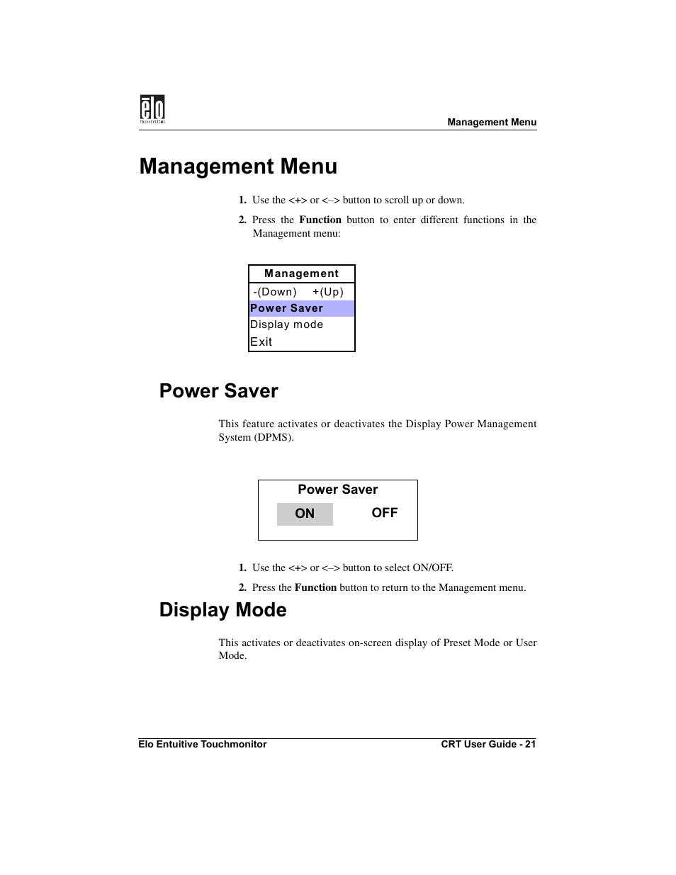 Management menu, Power saver, Display mode | Elo TouchSystems CRT Touchmonitors User Manual | Page 26 / 50