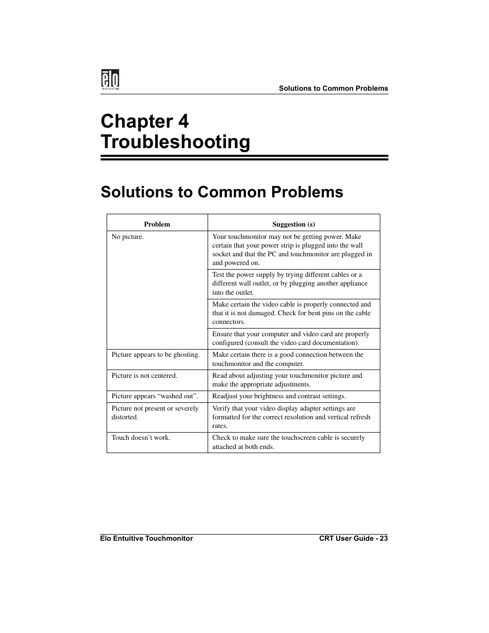 Chapter 4 troubleshooting, Solutions to common problems | Elo TouchSystems CRT Touchmonitors User Manual | Page 28 / 50