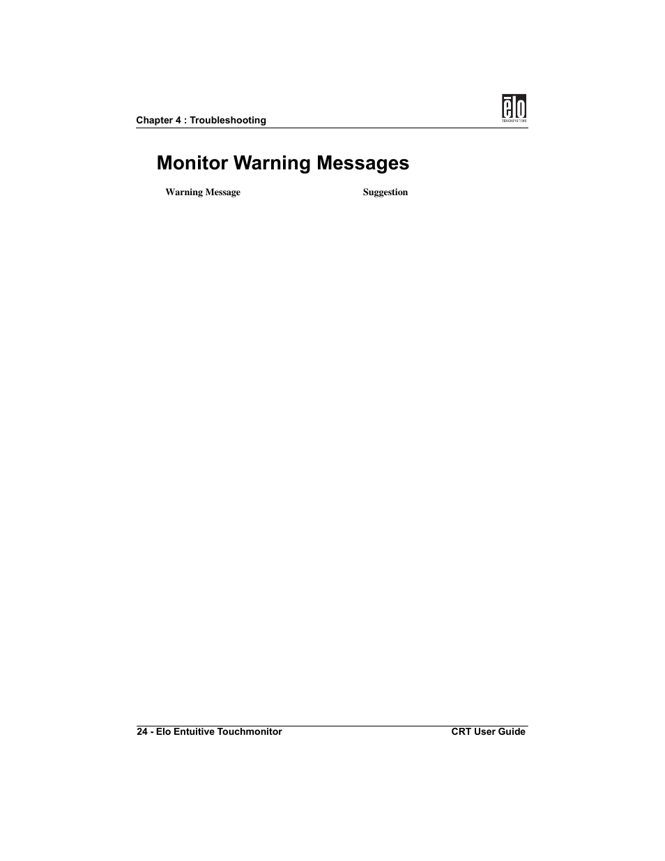 Monitor warning messages | Elo TouchSystems CRT Touchmonitors User Manual | Page 29 / 50