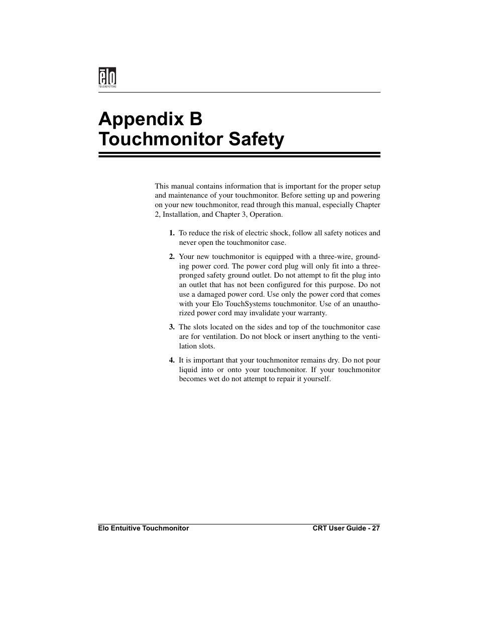 Appendix b touchmonitor safety | Elo TouchSystems CRT Touchmonitors User Manual | Page 32 / 50