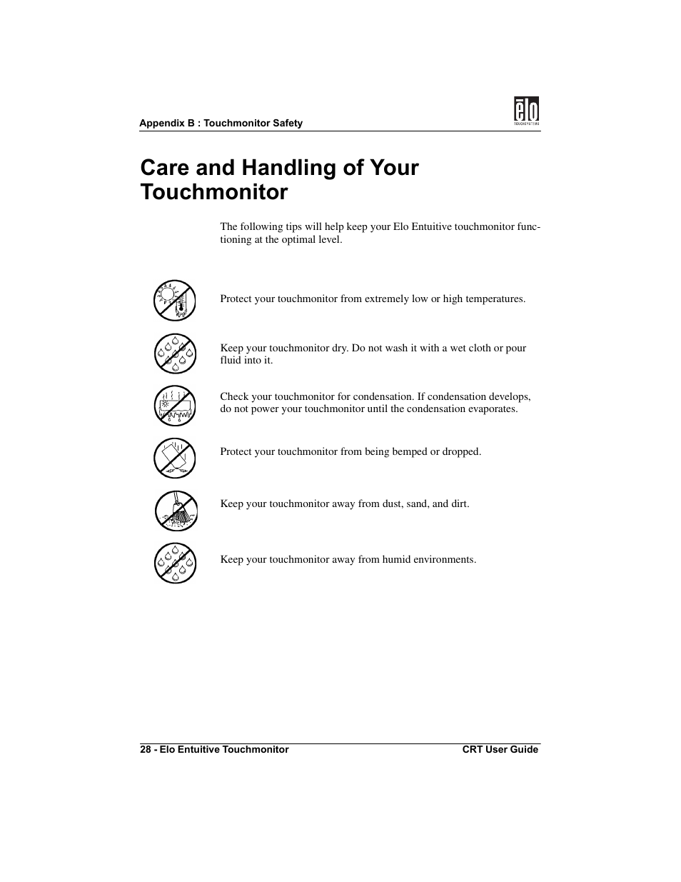 Care and handling of your touchmonitor | Elo TouchSystems CRT Touchmonitors User Manual | Page 33 / 50