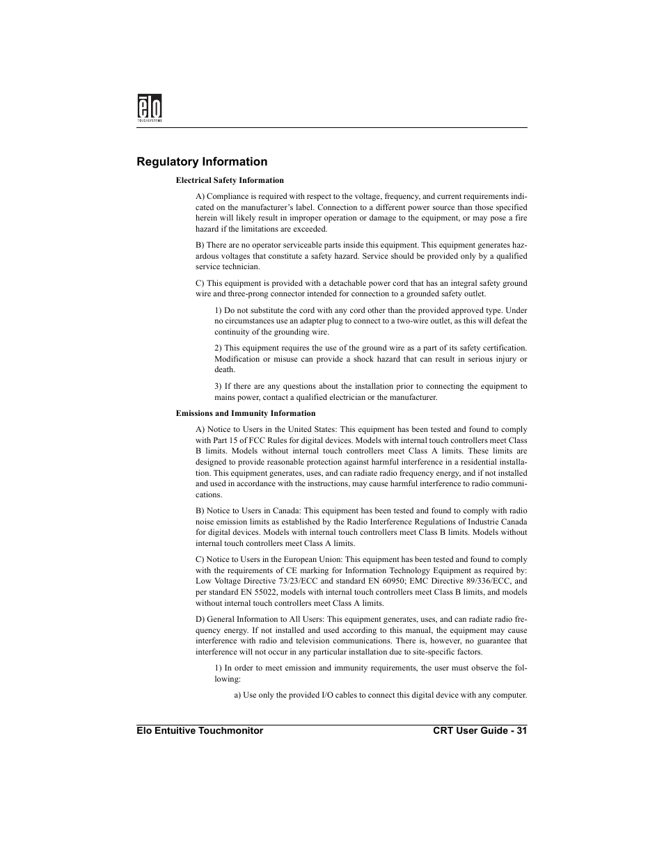 Regulatory information | Elo TouchSystems CRT Touchmonitors User Manual | Page 36 / 50