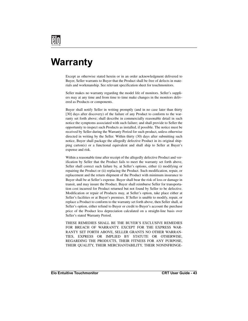 Warranty | Elo TouchSystems CRT Touchmonitors User Manual | Page 48 / 50