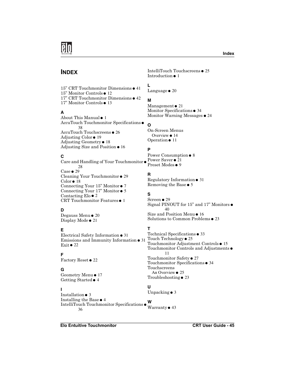 Ndex | Elo TouchSystems CRT Touchmonitors User Manual | Page 50 / 50
