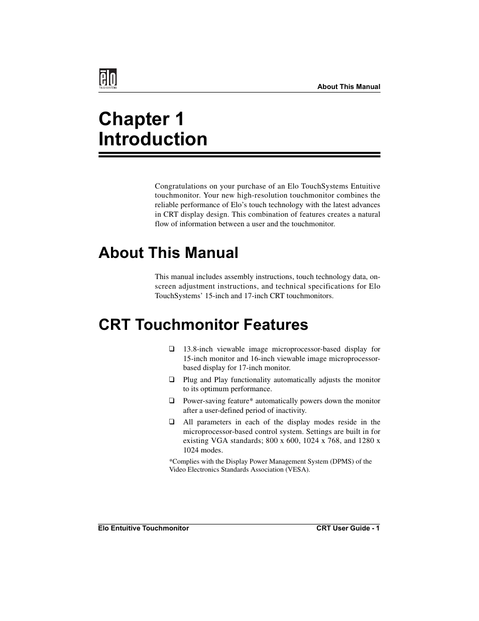Chapter 1 introduction, About this manual, Crt touchmonitor features | Elo TouchSystems CRT Touchmonitors User Manual | Page 6 / 50