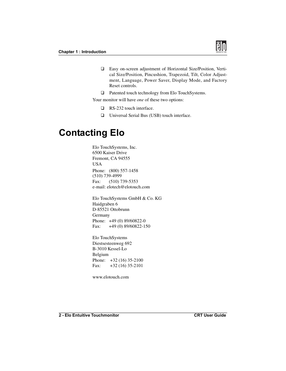 Contacting elo | Elo TouchSystems CRT Touchmonitors User Manual | Page 7 / 50
