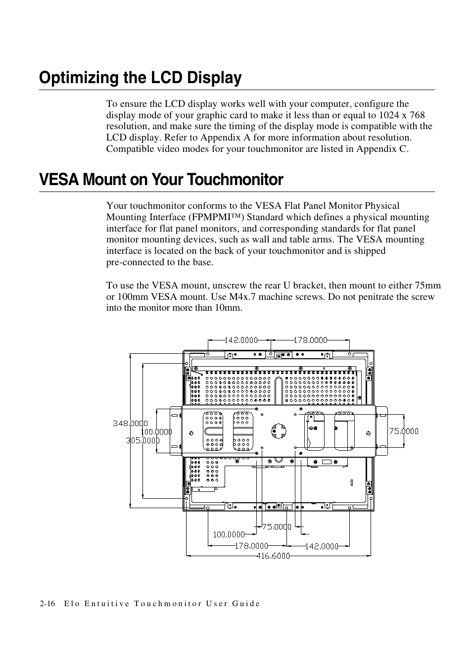 Optimizing the lcd display, Vesa mount on your touchmonitor | Elo TouchSystems 1847L User Manual | Page 21 / 52