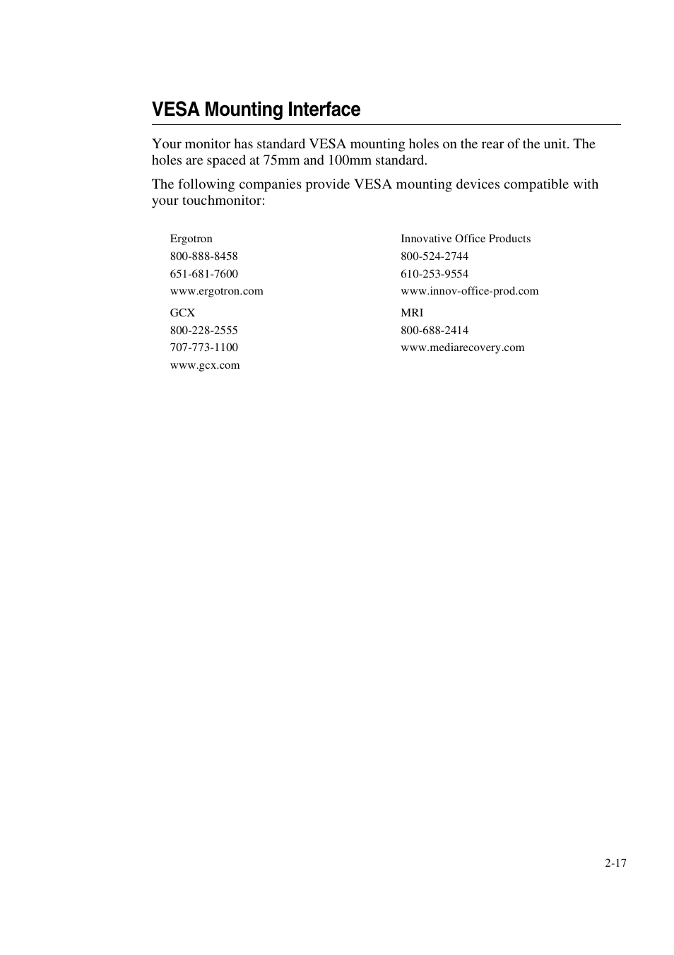 Vesa mounting interface | Elo TouchSystems 1847L User Manual | Page 22 / 52
