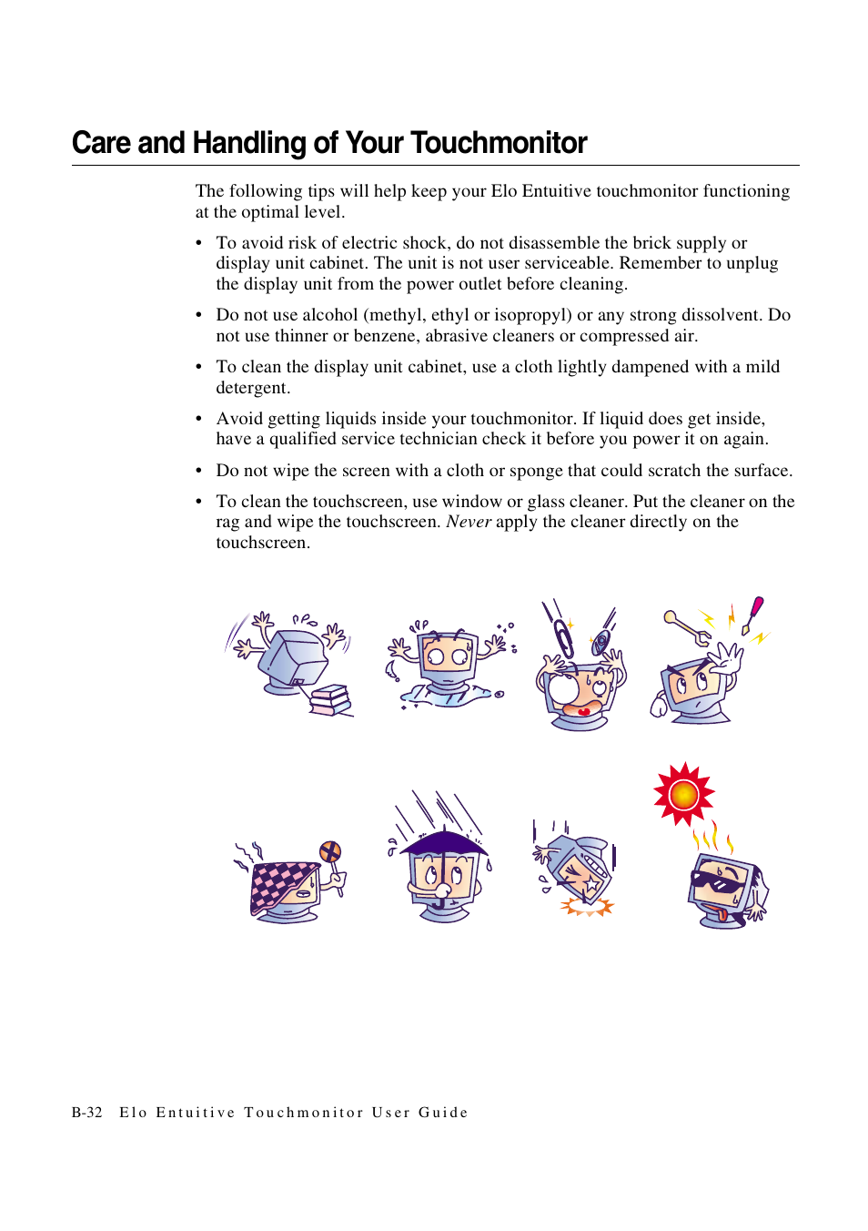 Care and handling of your touchmonitor | Elo TouchSystems 1847L User Manual | Page 37 / 52