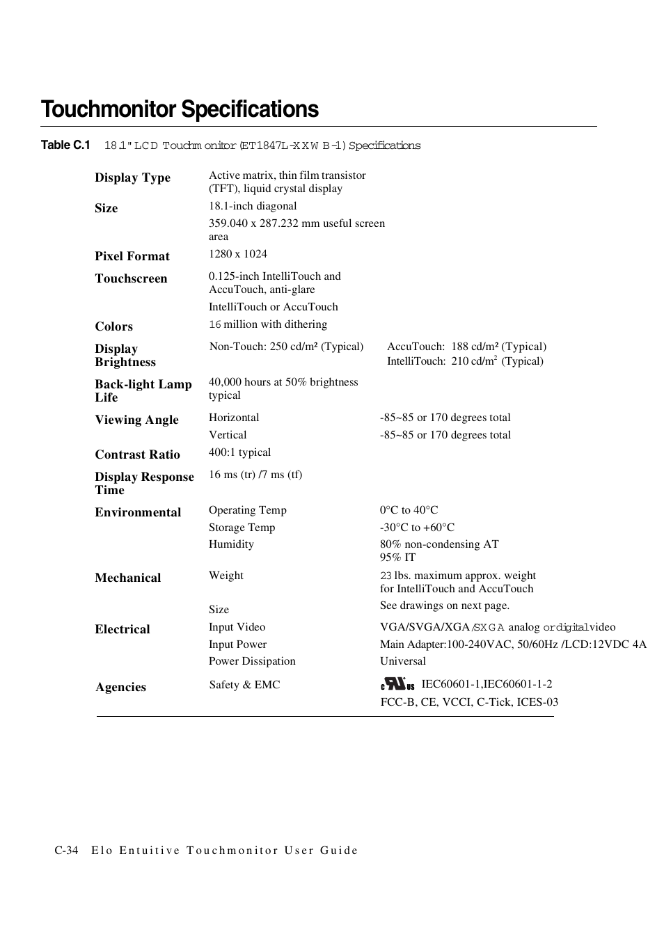 Touchmonitor specifications | Elo TouchSystems 1847L User Manual | Page 39 / 52