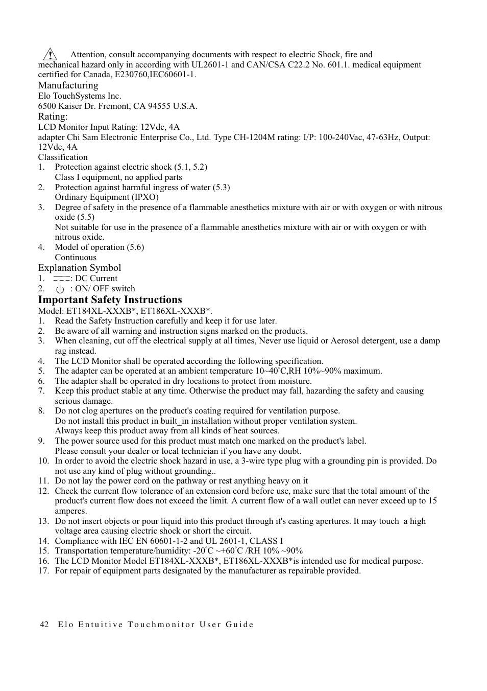 Important safety instructions | Elo TouchSystems 1847L User Manual | Page 47 / 52