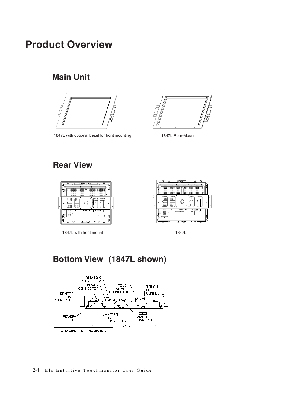 Product overview, Main unit, Rear view | Bottom view (1847l shown) | Elo TouchSystems 1847L User Manual | Page 9 / 52