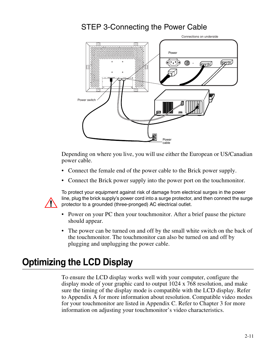 Optimizing the lcd display, Step 3-connecting the power cable | Elo TouchSystems ET1566L-7SWC-1 User Manual | Page 16 / 44