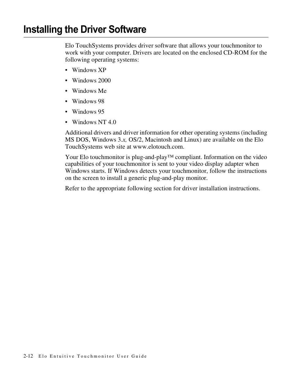 Installing the driver software | Elo TouchSystems ET1566L-7SWC-1 User Manual | Page 17 / 44
