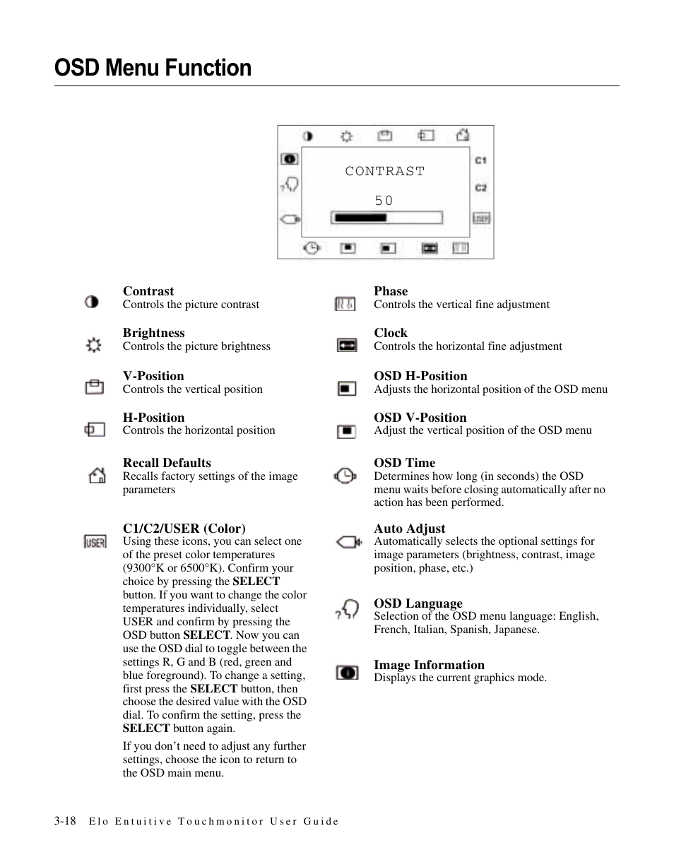 Osd menu function | Elo TouchSystems ET1566L-7SWC-1 User Manual | Page 23 / 44