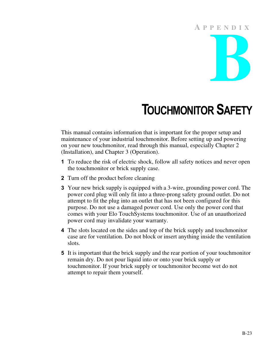 Ouchmonitor, Afety | Elo TouchSystems ET1566L-7SWC-1 User Manual | Page 28 / 44