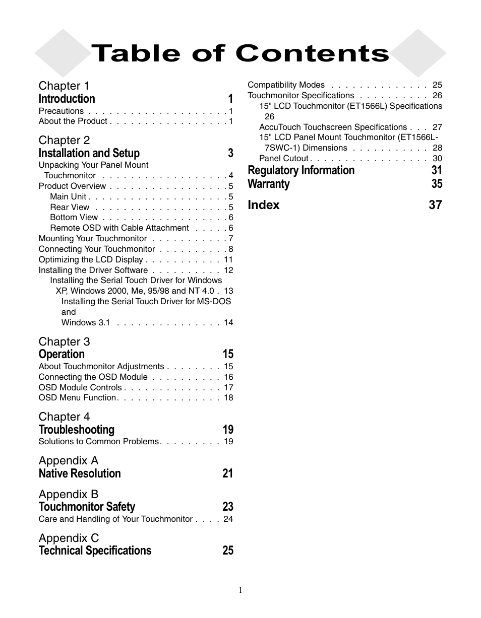 Elo TouchSystems ET1566L-7SWC-1 User Manual | Page 3 / 44
