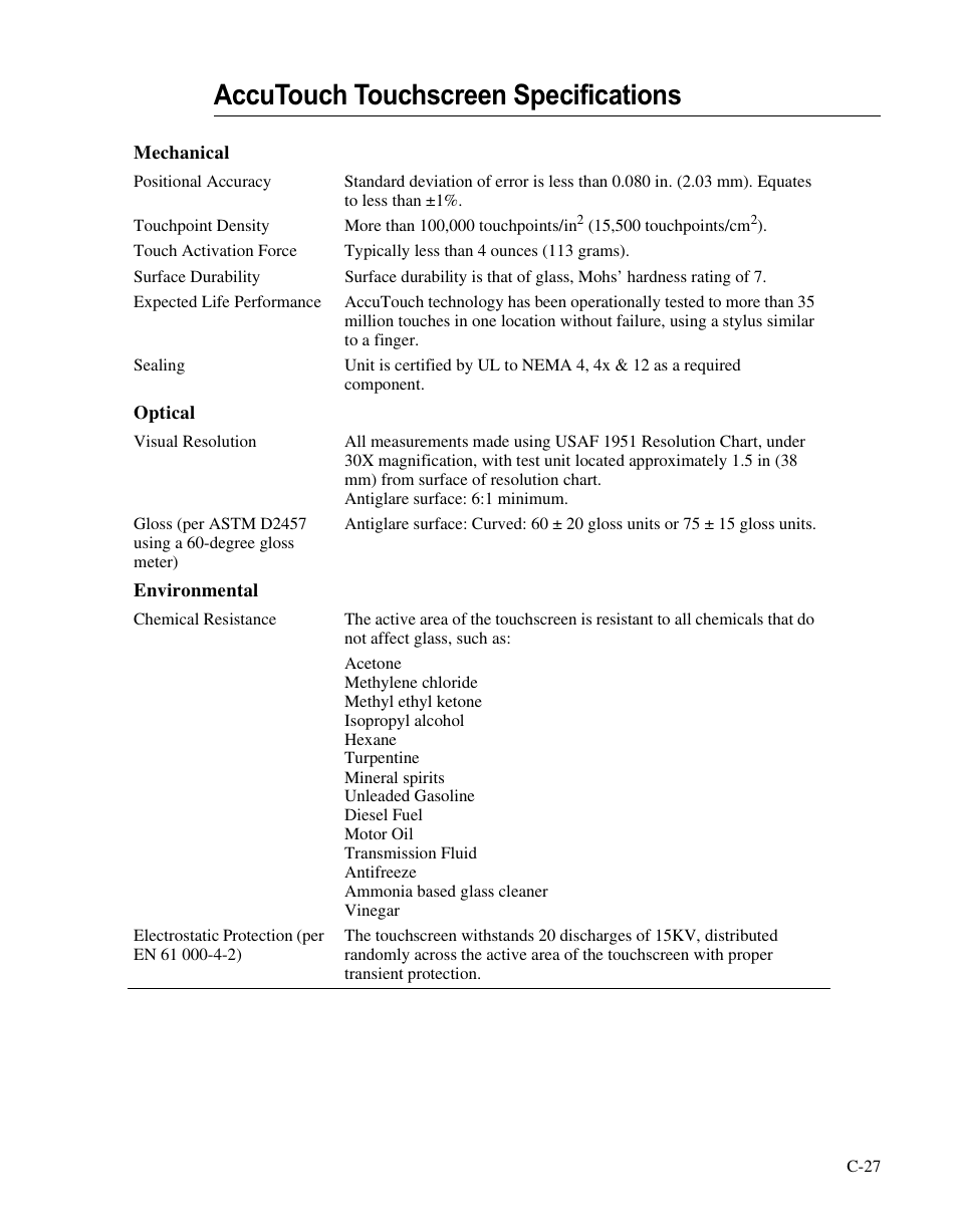 Accutouch touchscreen specifications | Elo TouchSystems ET1566L-7SWC-1 User Manual | Page 32 / 44