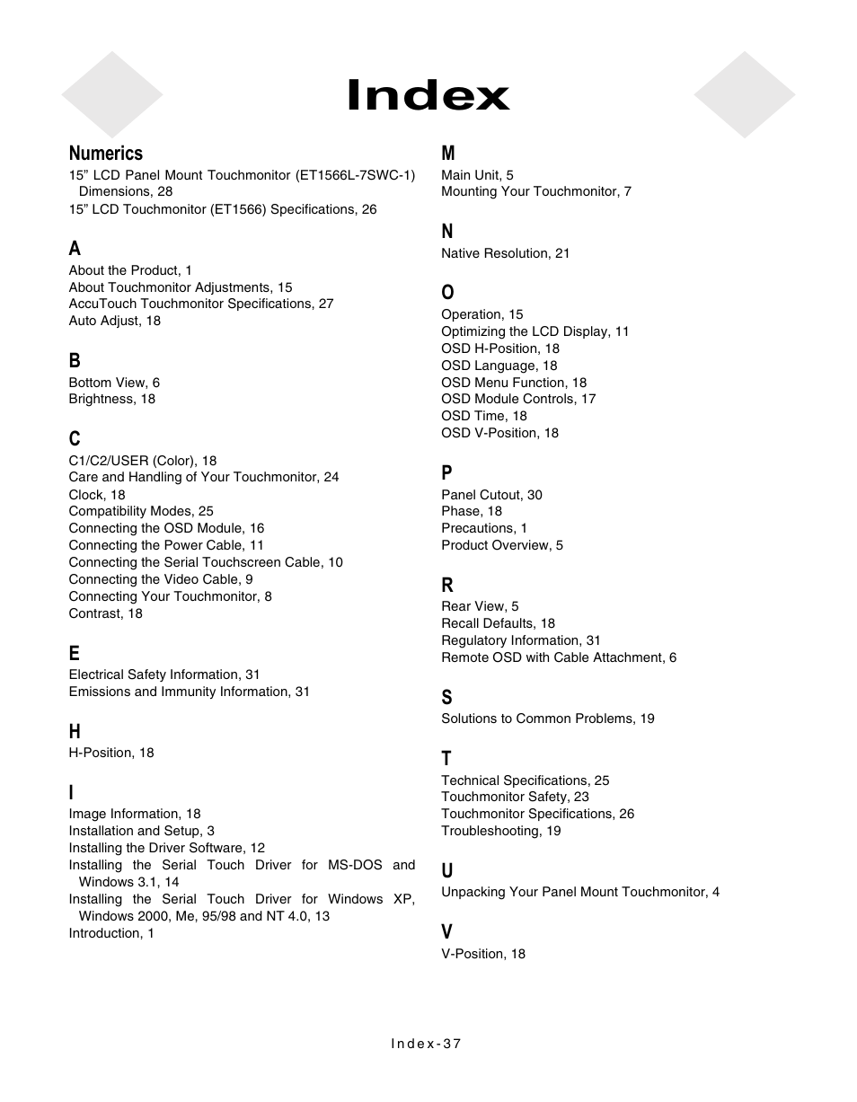 Index, Numerics | Elo TouchSystems ET1566L-7SWC-1 User Manual | Page 42 / 44