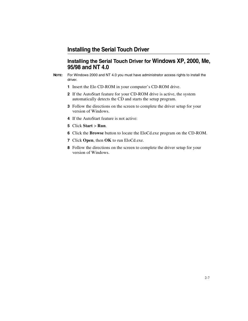 Installing the serial touch driver, Installing the serial touch driver for | Elo TouchSystems Elo Entuitive 3000 Series 1247L User Manual | Page 12 / 40