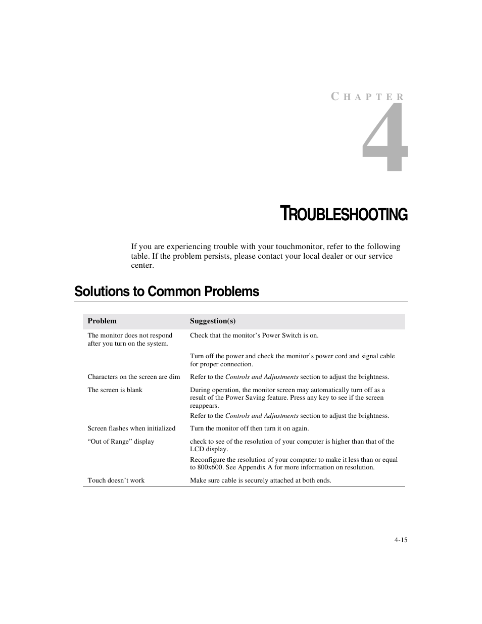 Chapter 4, Roubleshooting, Solutions to common problems | Elo TouchSystems Elo Entuitive 3000 Series 1247L User Manual | Page 20 / 40