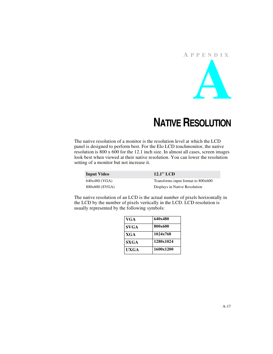 Appendix a, Ative, Esolution | Elo TouchSystems Elo Entuitive 3000 Series 1247L User Manual | Page 22 / 40