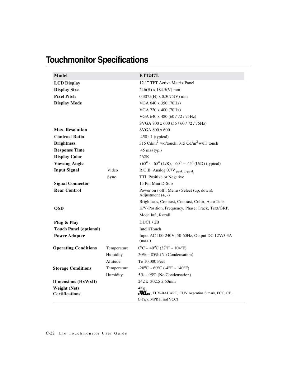 Touchmonitor specifications | Elo TouchSystems Elo Entuitive 3000 Series 1247L User Manual | Page 27 / 40