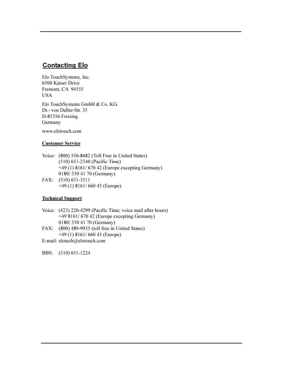 Contacting elo | Elo TouchSystems ET1825L-8SWA-1 User Manual | Page 19 / 19