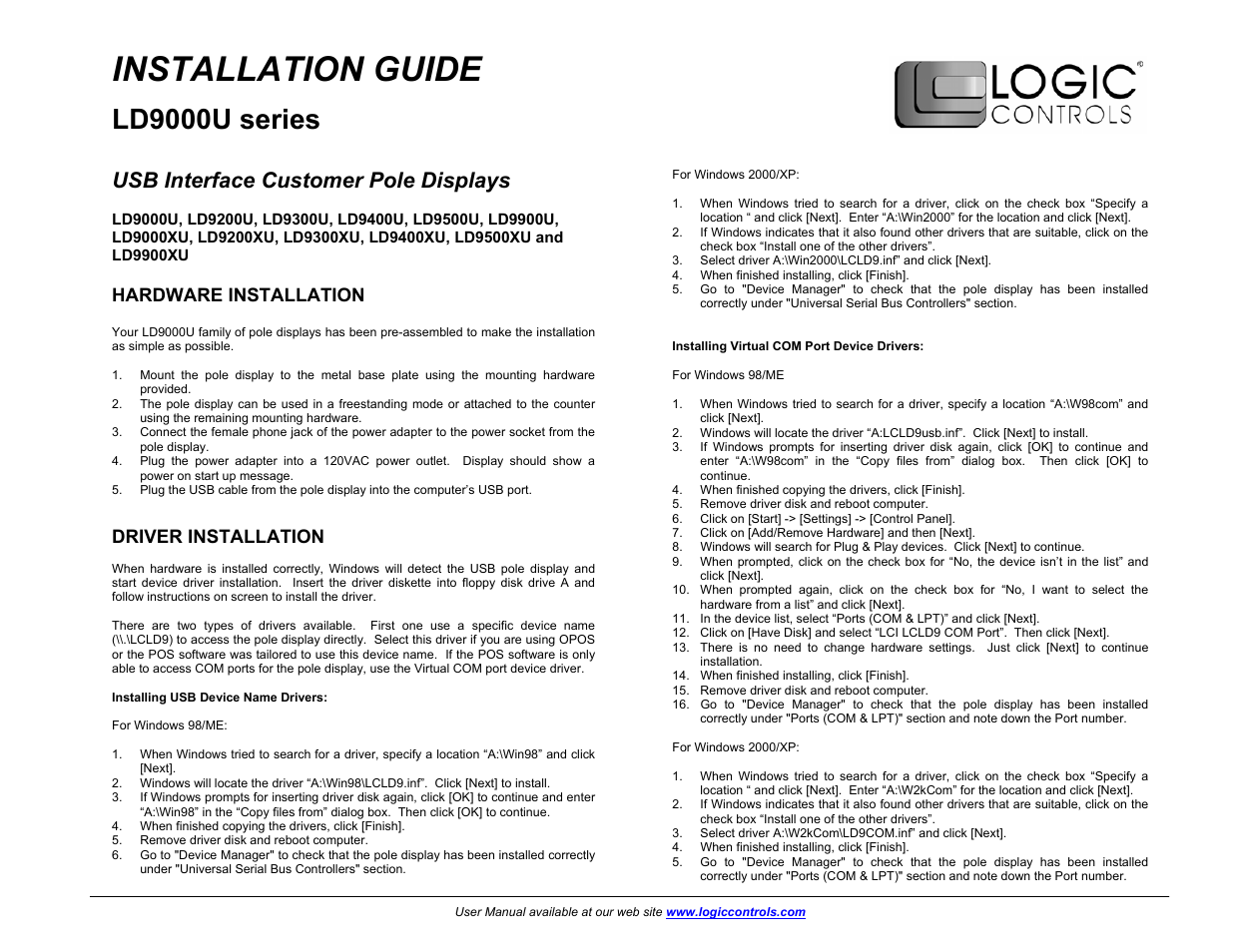 Installation guide, Ld9000u series, Usb interface customer pole displays | Hardware installation, Driver installation | Elo TouchSystems ESY1529L User Manual | Page 120 / 142